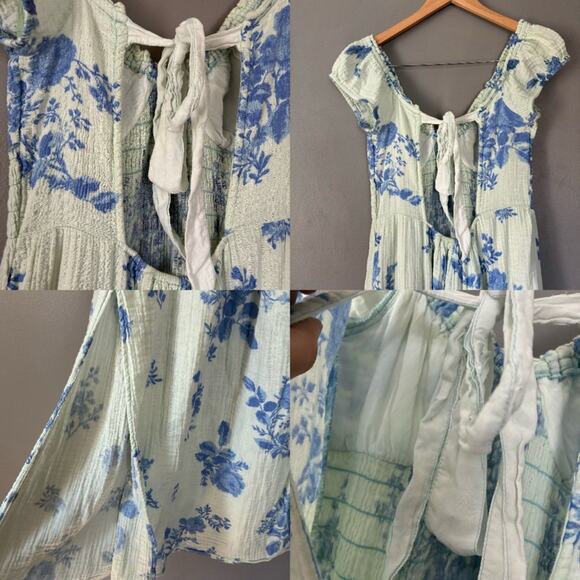 FREE PEOPLE Milkmaid Midi Dress Sundress Blue Floral Gauzy CottageCore Cotton M - Picture 10 of 13
